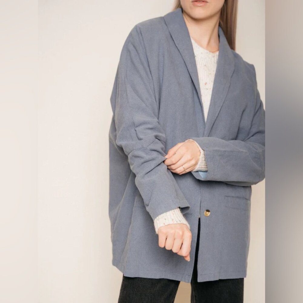 Jackson Rowe Linen Cotton Blazer Jacket Blue Relaxed Layering Size L Lagenlook